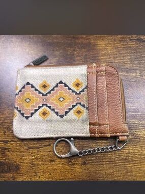Wrangler Beige and Brown Canvas Leather Zip Card Wallet with Keychain